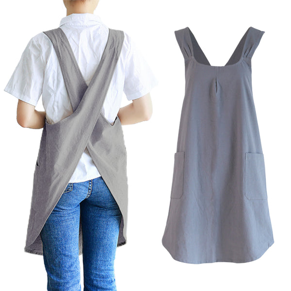 Cotton Aprons Cross Back Apron with Pockets for Kitchen Flower Shop-Grey