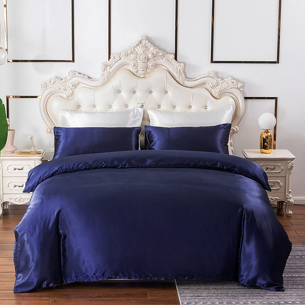Queen Quilt Cover Silk Satin Bedding Set-Royal Blue