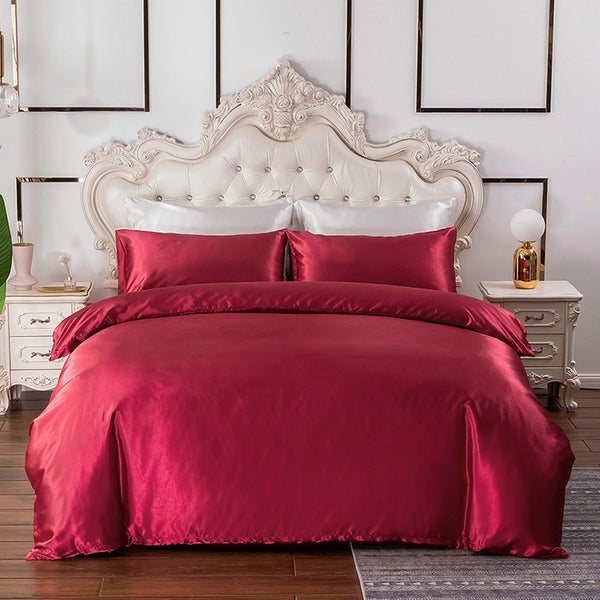 Queen Quilt Cover Silk Satin Bedding Set-Wine Red