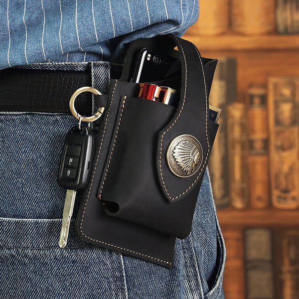 Multifunctional Leather Mobile Phone Belt Bag Waist Bag-Black