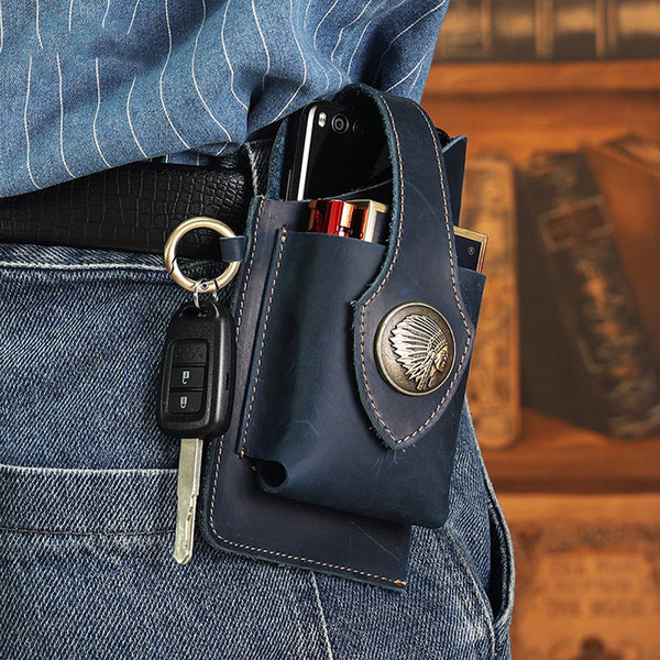 Multifunctional Leather Mobile Phone Belt Bag Waist Bag-Blue