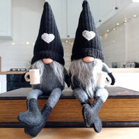 2Pcs Sitting Drinking Coffee Plush Gnome Dolls Windowsill Tabletop Figurine-Black