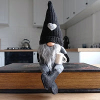 2Pcs Sitting Drinking Coffee Plush Gnome Dolls Windowsill Tabletop Figurine-Black