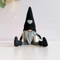 2Pcs Sitting Drinking Coffee Plush Gnome Dolls Windowsill Tabletop Figurine-Black