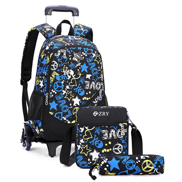 6-Wheeled Rolling School Backpack with Crossbody Bag and Pen Bag Blue