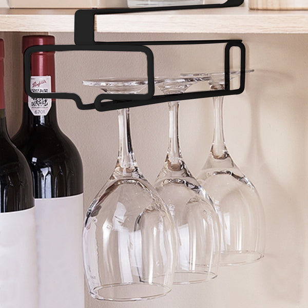 Under Cabinet Wine Glass Rack No Drilling Stemware Hanger Wine Glass Holder Goblet Hanging Storage Rack for Bar Kitchen Black