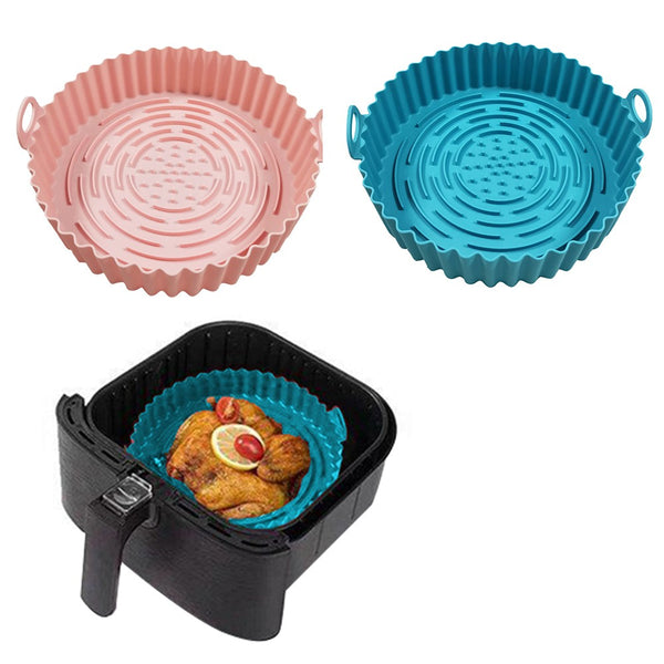 2Pcs Reusable Air Fryer Silicone Pot Air Fryer Basket Liners Baking Trays Blue and Pink