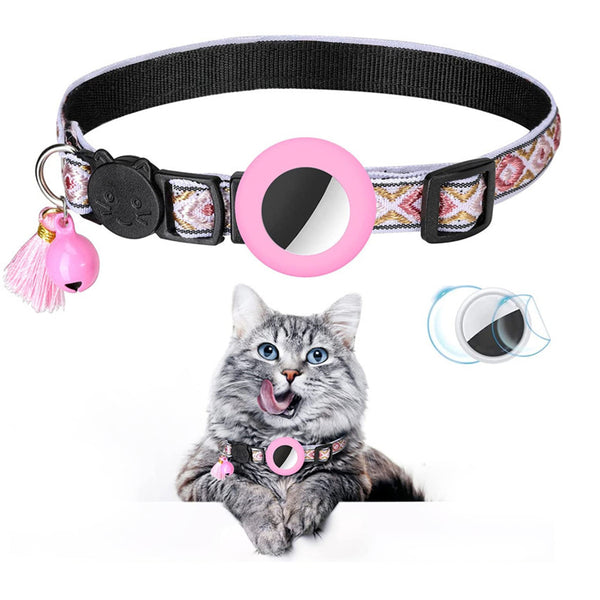 Pet Cat Collar with Airtag Case Adjustable Geometric Pattern Cat Collar with Bell and Tassel Pink