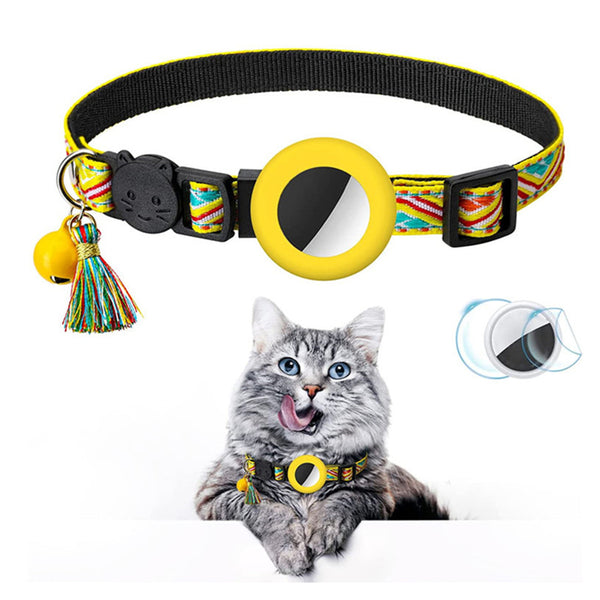 Pet Cat Collar with Airtag Case Adjustable Geometric Pattern Cat Collar with Bell and Tassel Yellow