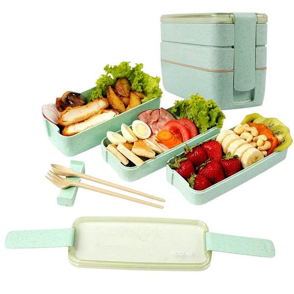 FancyGrab 3-Layer Wheat Straw Bento Box Students Lunch Box Eco-Friendly Leakproof 900ml Food Container Green