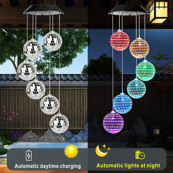 LED Disco Ball Wind Chime Lights Solar Powered Color-Changing Outdoor Decor