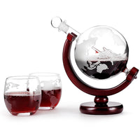 2 X Cups and 1 X 850ml Glass Globe Whiskey Decanter Set