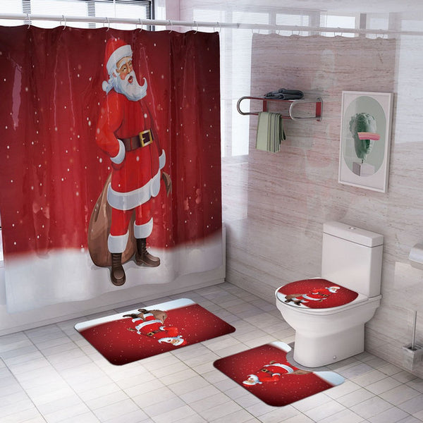 Christmas Printed Shower Curtain and Toilet Lid Cover and Bath Mat and Bathroom Rug Set Style 1