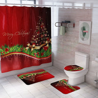 Christmas Printed Shower Curtain and Toilet Lid Cover and Bath Mat and Bathroom Rug Set Style 2