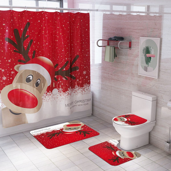 Christmas Printed Shower Curtain and Toilet Lid Cover and Bath Mat and Bathroom Rug Set Style 3