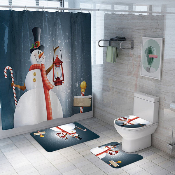 Christmas Printed Shower Curtain and Toilet Lid Cover and Bath Mat and Bathroom Rug Set Style 9