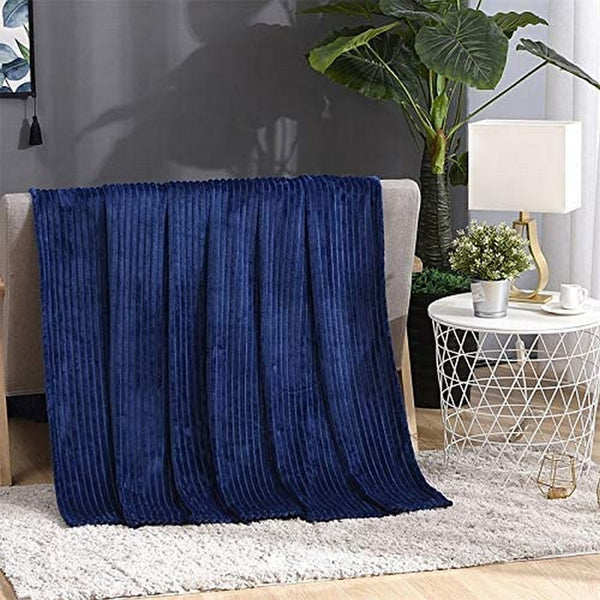 Winter Warm Chunky Fleece Ribbed Throw Luxurious Bedding Blanket for Sofa Couch Bed Dark Blue