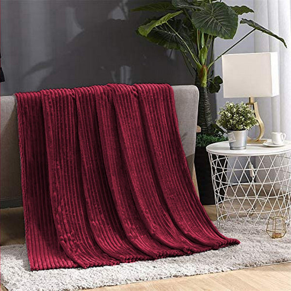 Winter Warm Chunky Fleece Ribbed Throw Luxurious Bedding Blanket for Sofa Couch Bed Wine Red