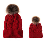 Mum and Baby Matching Knitted Hat Set 2 Pieces Winter Beanie with Pom Pom