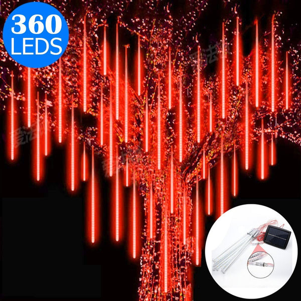 10 Tube 360 LEDs Solar Powered Lights Christmas Decoration Lamps Meteor Shower Rain Lights for Christmas Holiday Party Home Patio Party Red